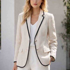 J Crew Linen Blazer Cream Black Trim Women's Size 2